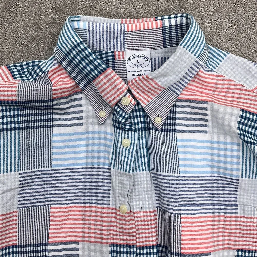 Brooks Brothers Shirt Men L Red Blue Check Plaid Gingham‎ OCBD Patchwork
